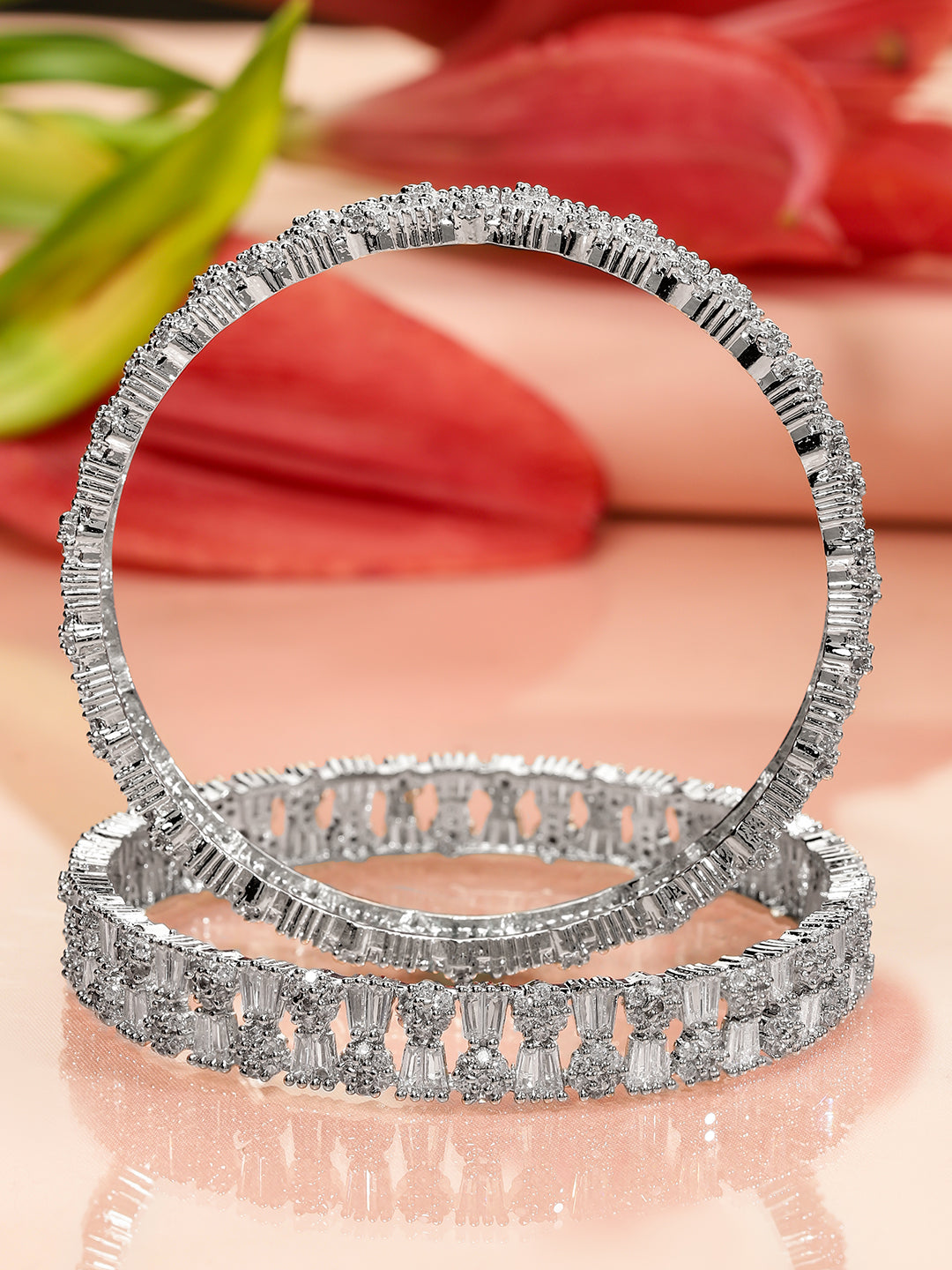 Wentra Set of 2 Rhodium-Plated AAA Cubic Zirconia Studded Handcrafted Premium Bangles