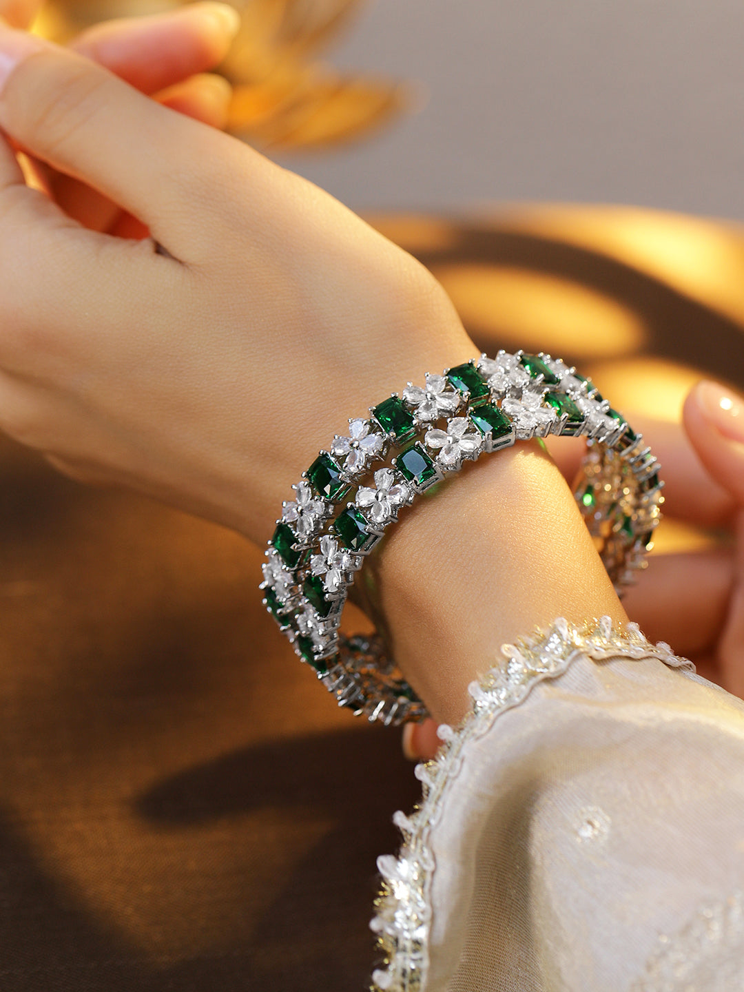 Wentra Set of 2 Rhodium-Plated Emerald Green & White Cubic Zirconia Studded Bangles