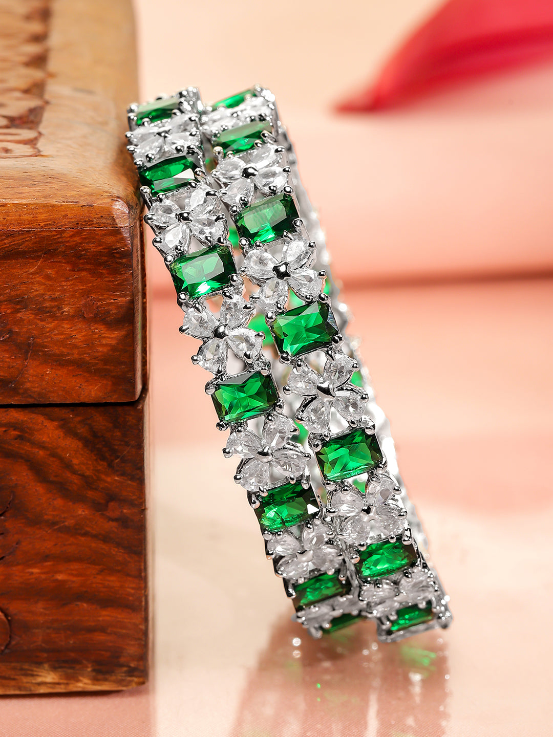 Wentra Set of 2 Rhodium-Plated Emerald Green & White Cubic Zirconia Studded Bangles