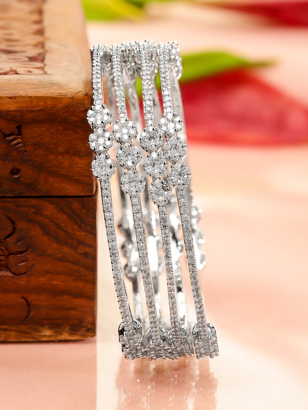 Wentra Set of 4 Rhodium-Plated White Cubic Zirconia Floral Design Handcrafted Premium Bangles for Women