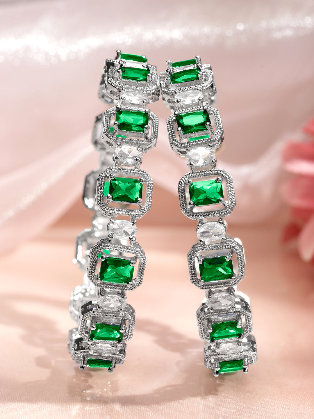 Wentra Set of 2 Rhodium-Plated Emerald Green & White Cubic Zirconia Studded Floral Bangles
