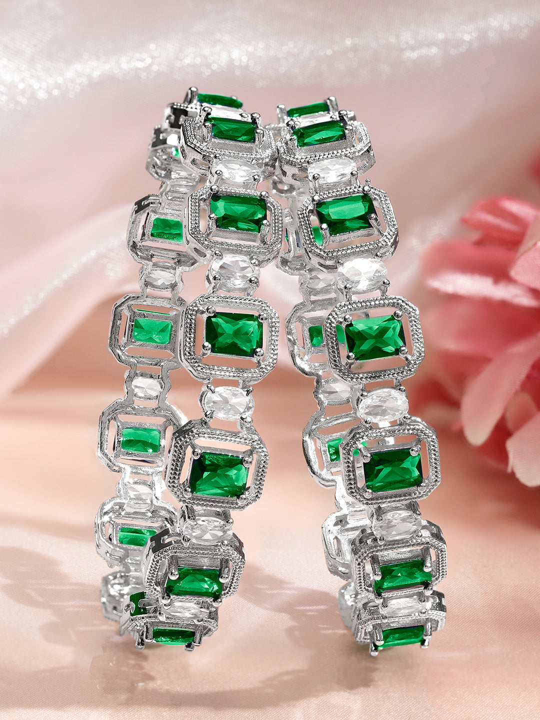 Wentra Set of 2 Rhodium-Plated Emerald Green & White Cubic Zirconia Studded Floral Bangles
