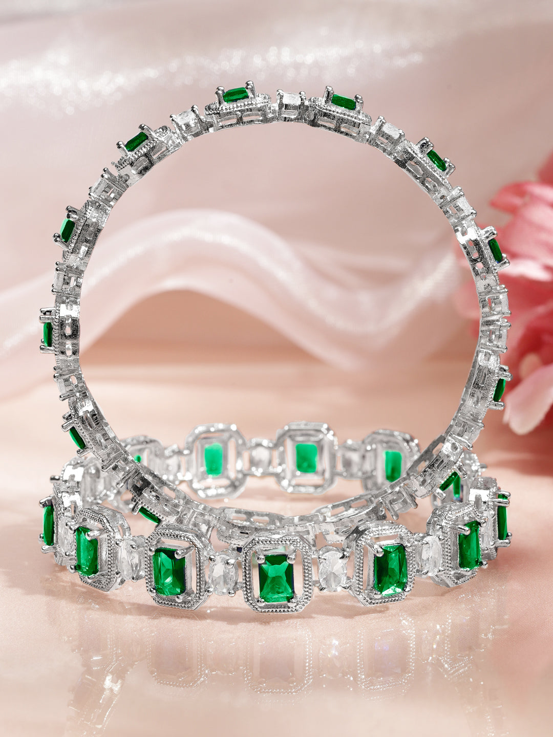 Wentra Set of 2 Rhodium-Plated Emerald Green & White Cubic Zirconia Studded Floral Bangles