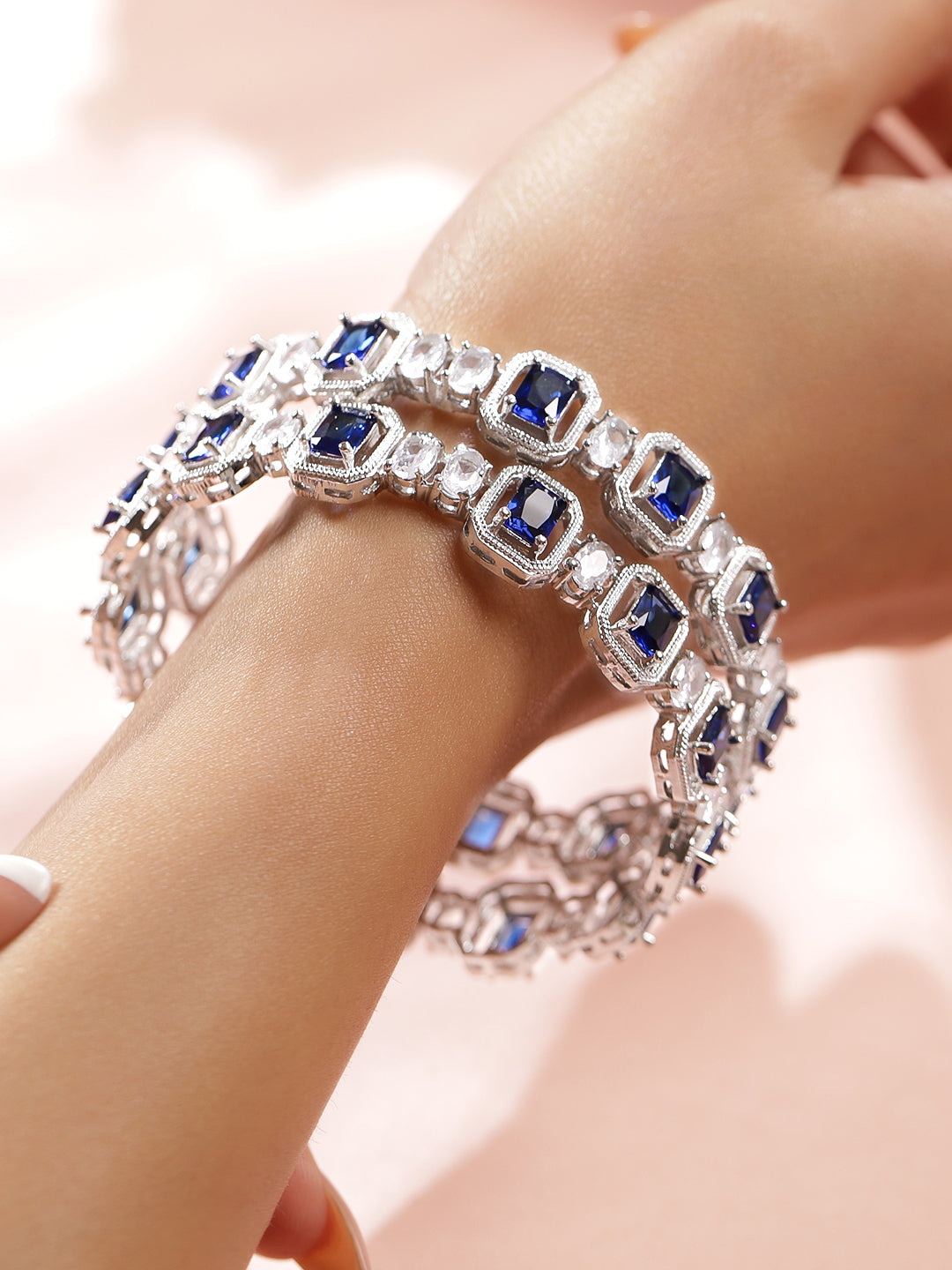 Wentra Set of 2 Rhodium-Plated Blue Sapphire & White Zirconia Studded Designer Bangles