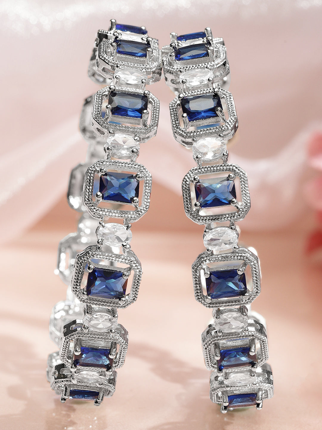 Wentra Set of 2 Rhodium-Plated Blue Sapphire & White Zirconia Studded Designer Bangles