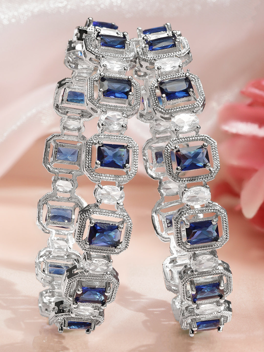 Wentra Set of 2 Rhodium-Plated Blue Sapphire & White Zirconia Studded Designer Bangles