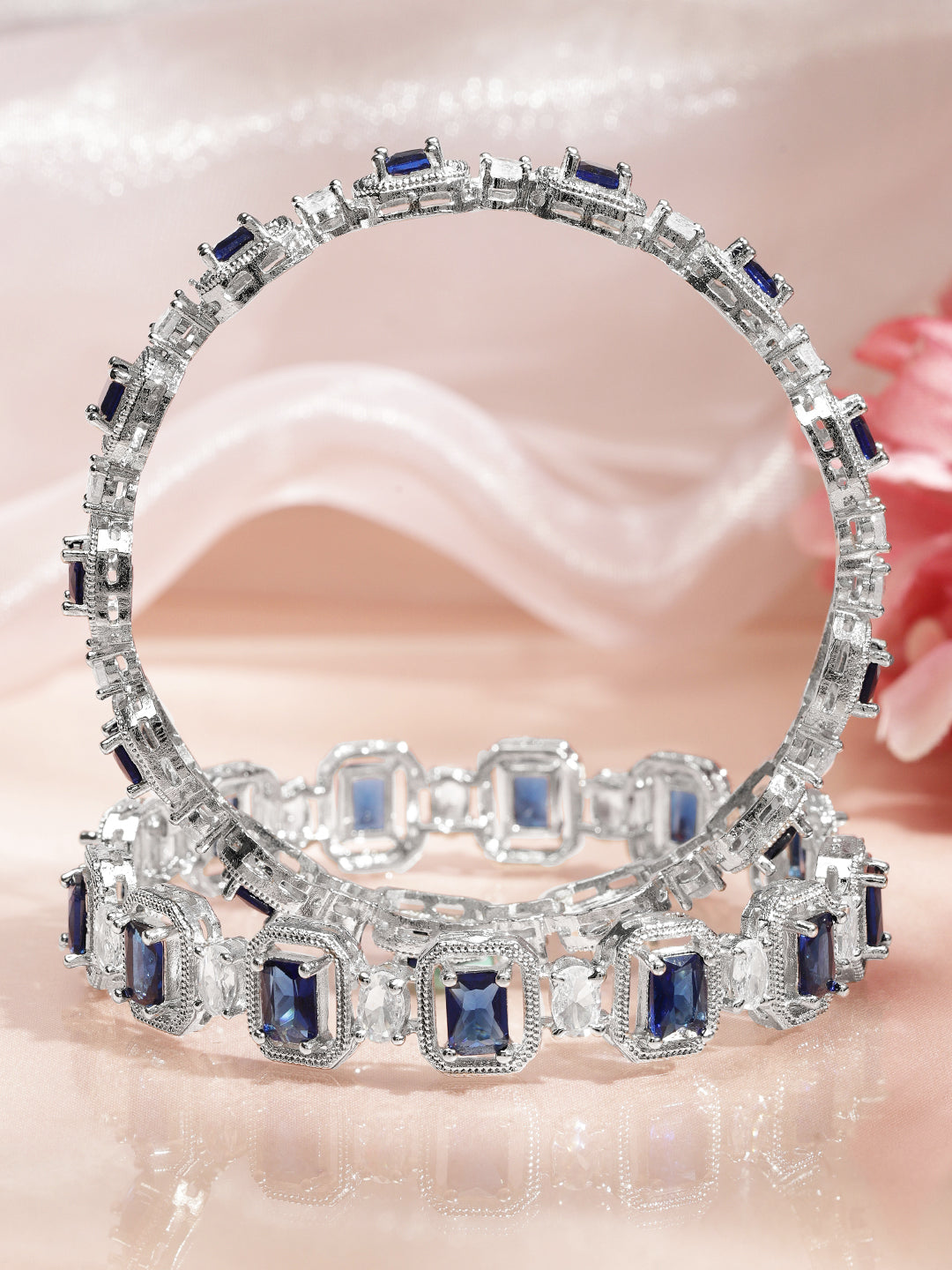 Wentra Set of 2 Rhodium-Plated Blue Sapphire & White Zirconia Studded Designer Bangles