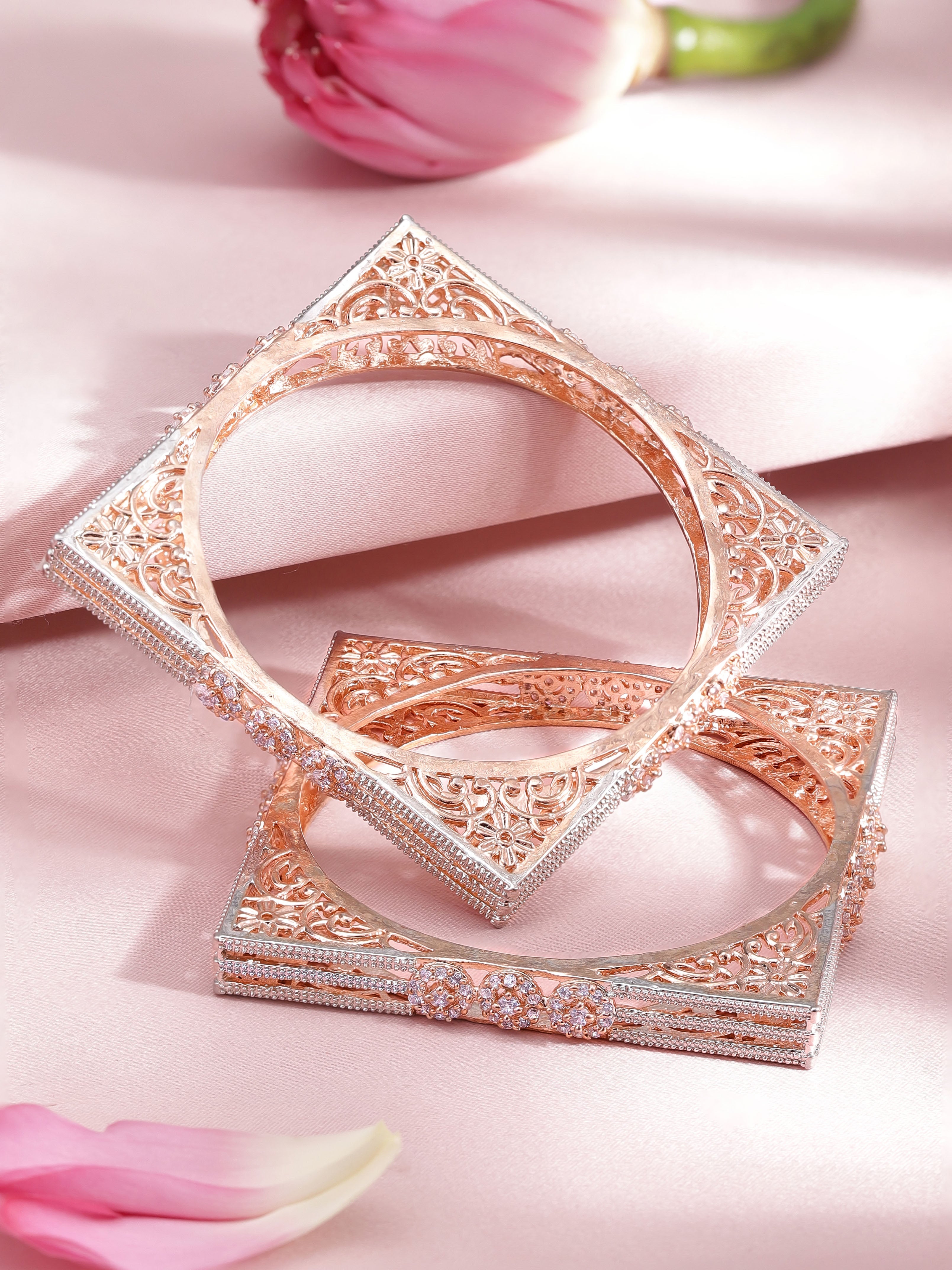 Wentra Set Of 2 Rose Gold-Plated Cubic Zirconia Stone Studded Handcrafted Bangle