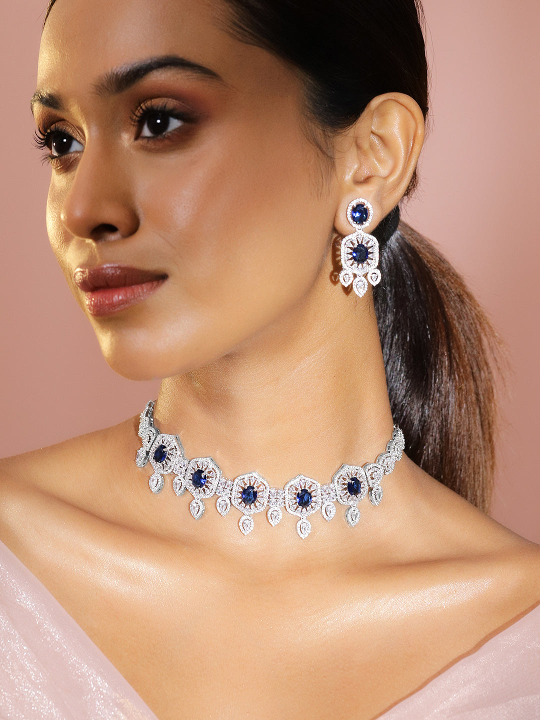 American Diamond Zirconia Blue Choker Set