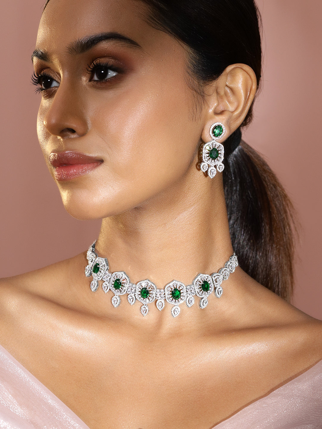 Green Choker Set with American Diamond Zirconia