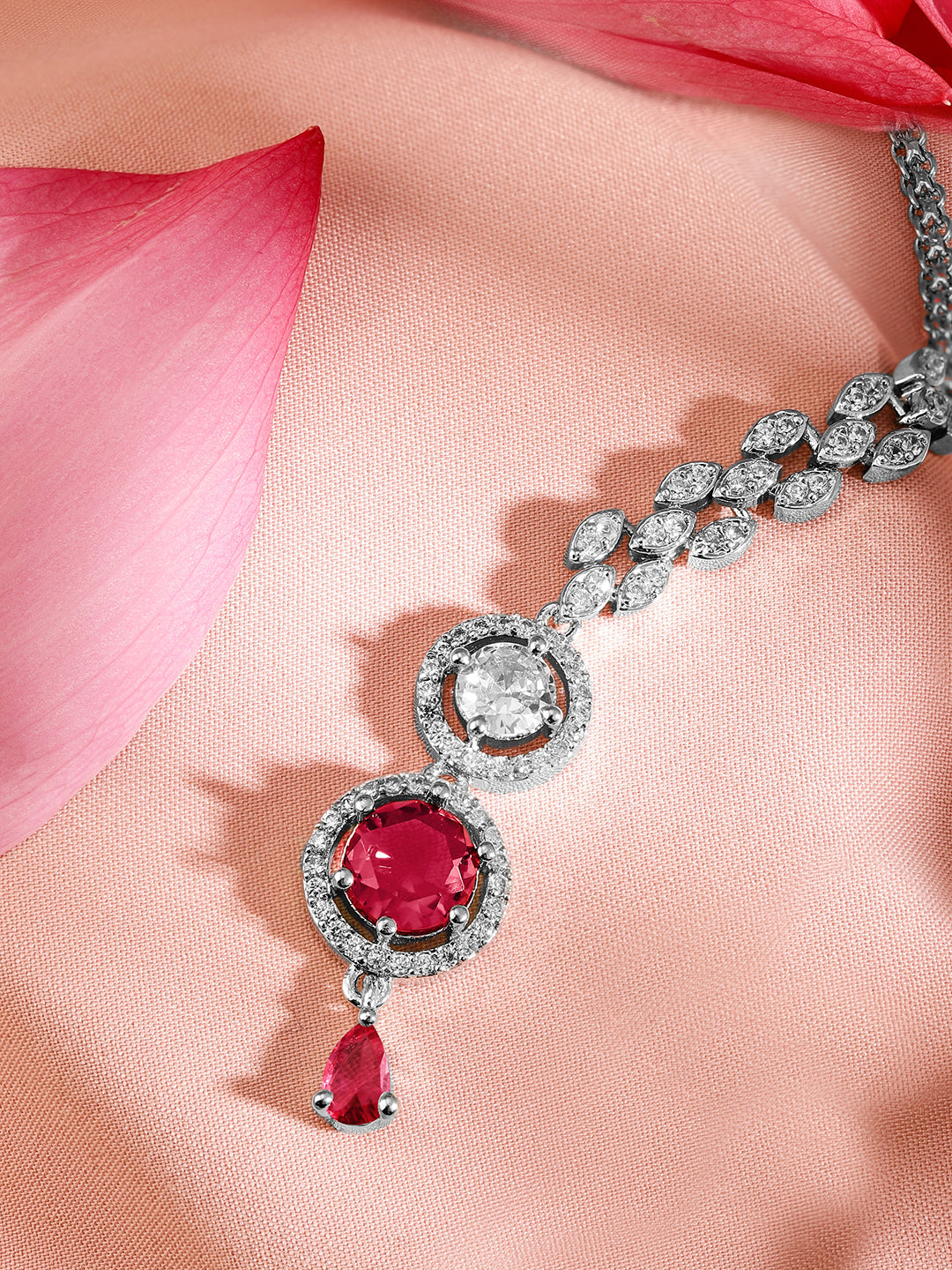 Wentra Rhodium Plated Red & White Cubic Zirconia Maang Tikka
