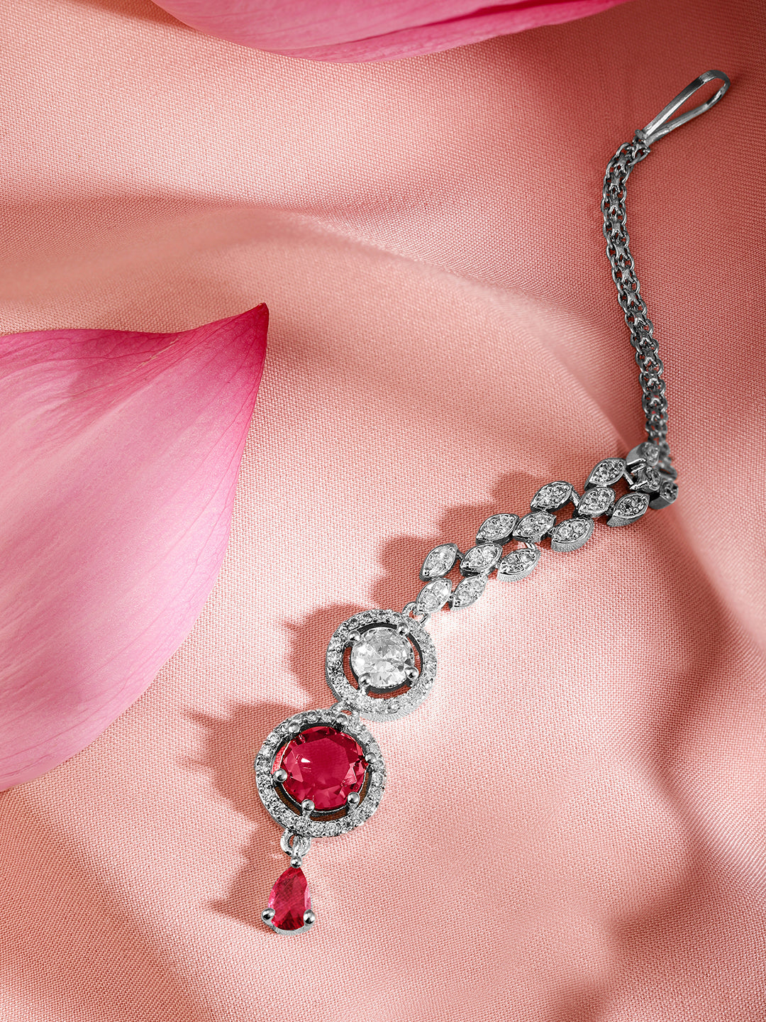 Wentra Rhodium Plated Red & White Cubic Zirconia Maang Tikka