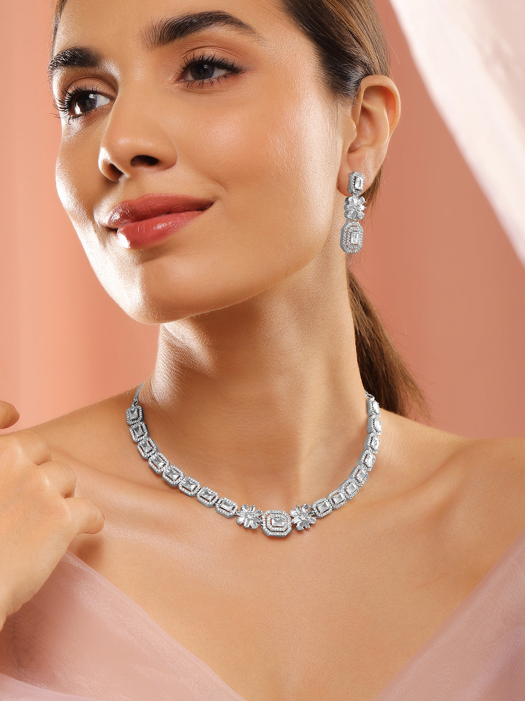 Wentra Rhodium Plated White Cubic Zirconia Stone Studded Floral Classic Jewellery Set