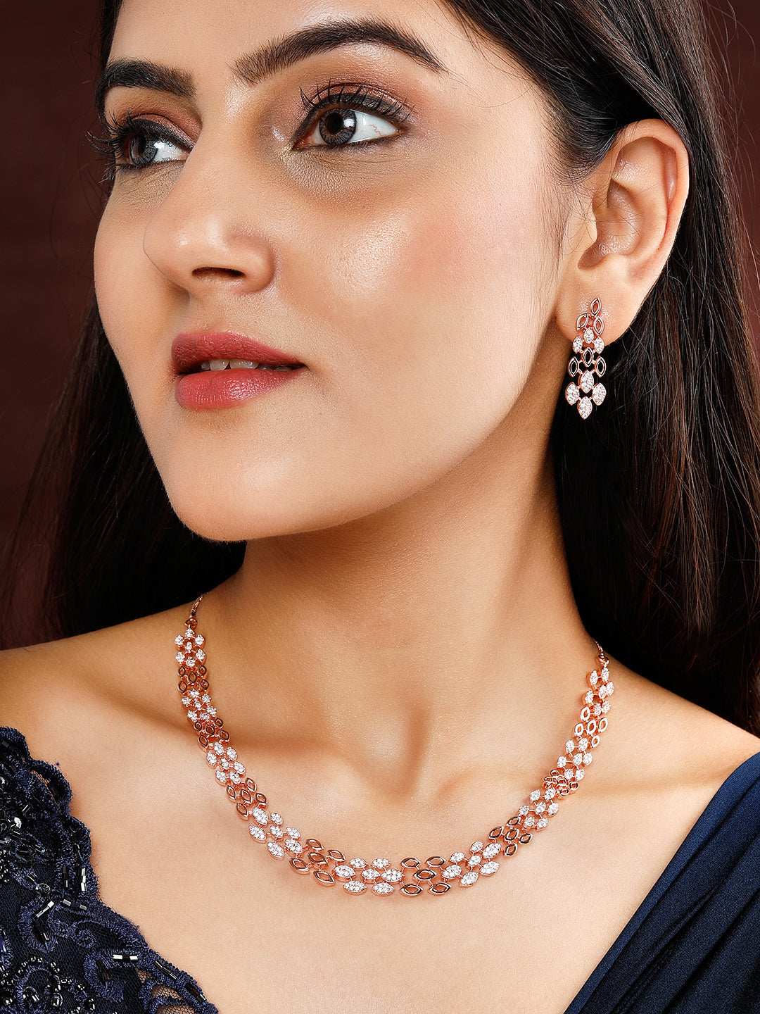 Wentra Rose Gold Plated Zirconia Stone Studded Handcrafted Necklace Set.