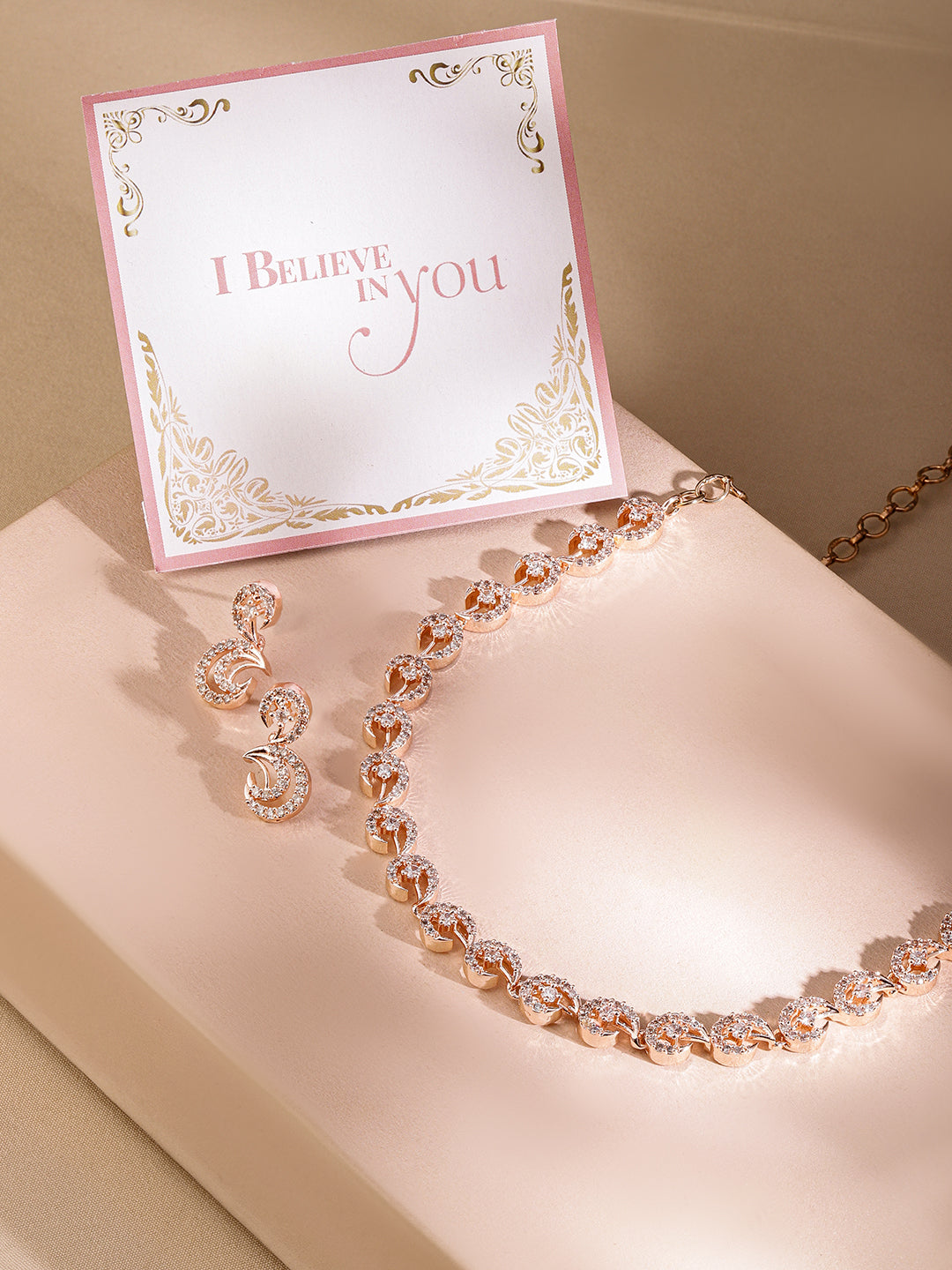 Wentra Rose Gold Plated Zirconia Stone Studded Handcrafted Necklace Set.