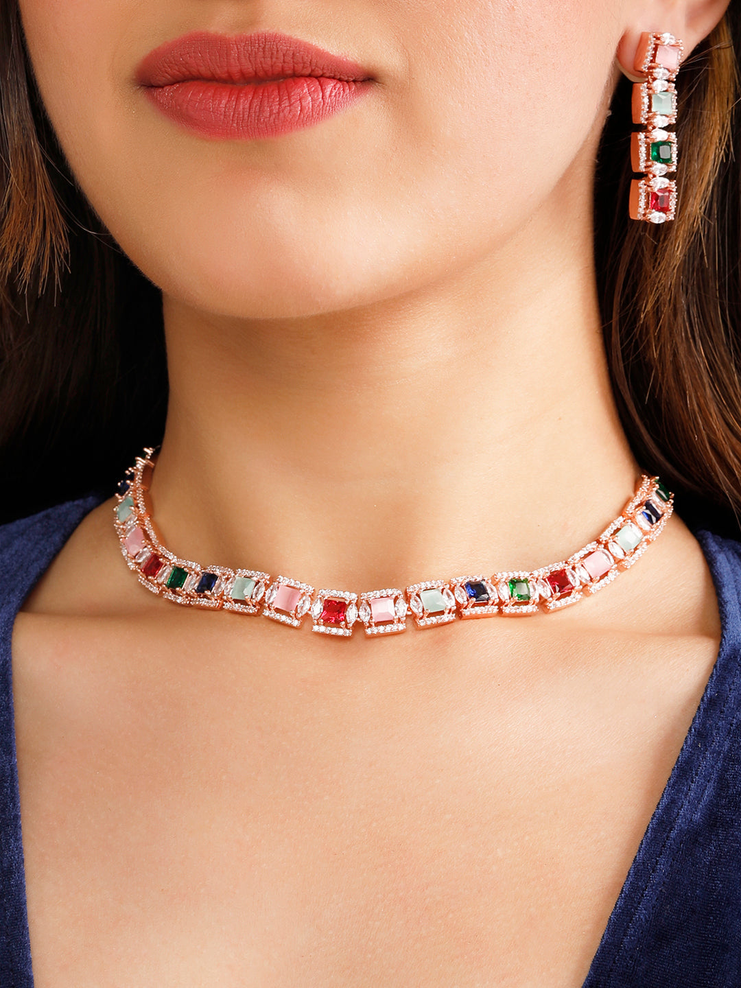 Wentra Rose Gold Plated Multicolour Zirconia Stone Studded Handcrafted Necklace Set.