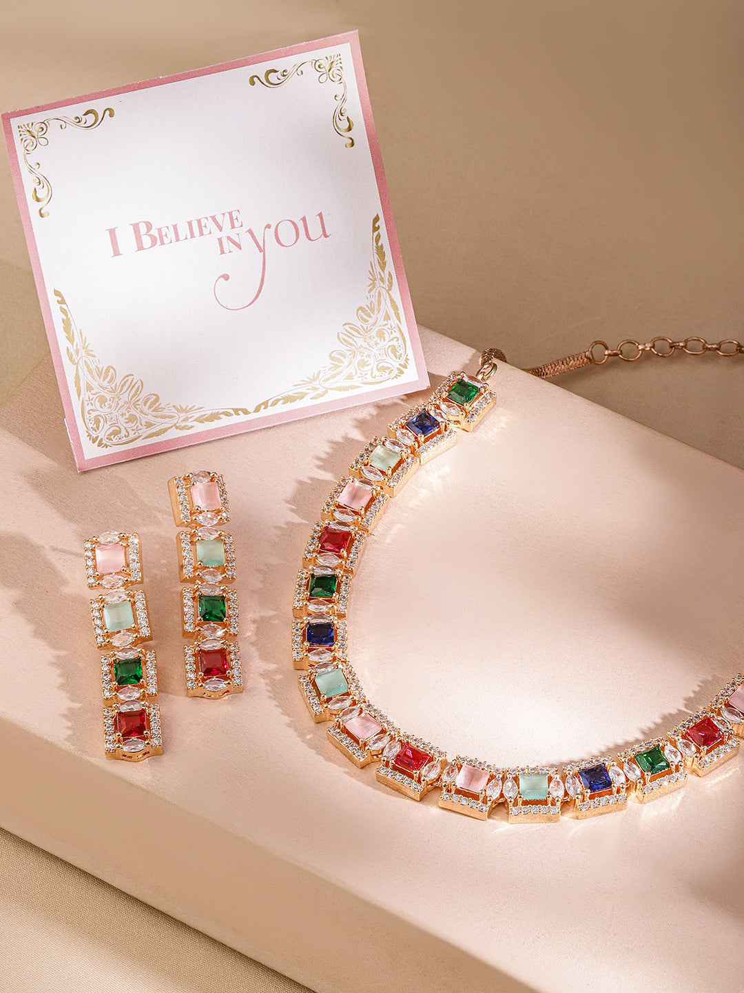 Wentra Rose Gold Plated Multicolour Zirconia Stone Studded Handcrafted Necklace Set.