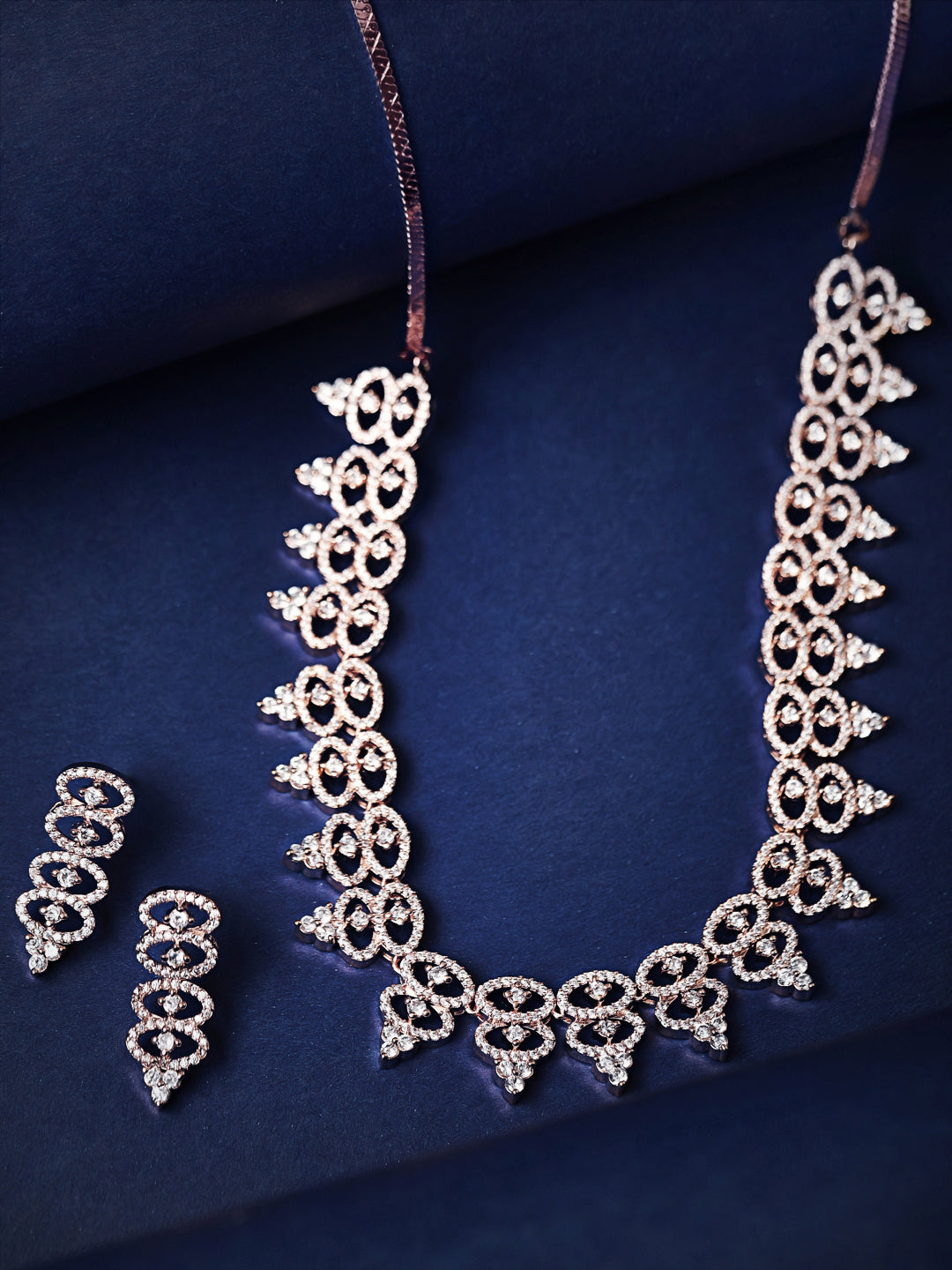Wentra Rose Gold Plated Necklace Set With American Diamonds.