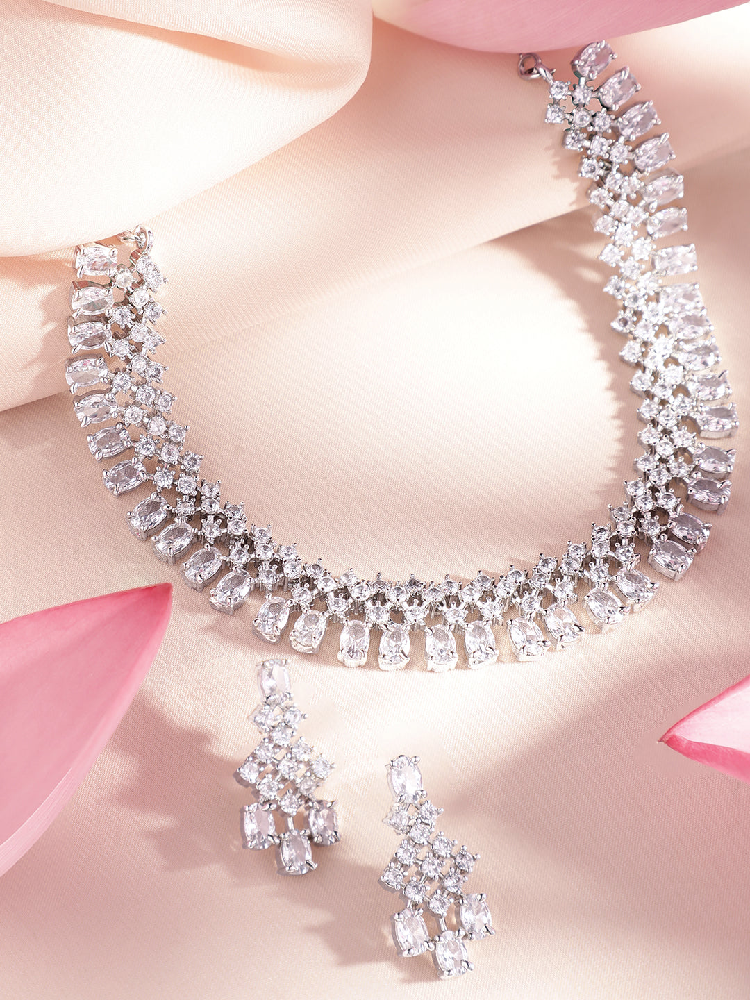Wentra Rhodium-Plated White Cubic Zirconia Studded Statement Necklace Set