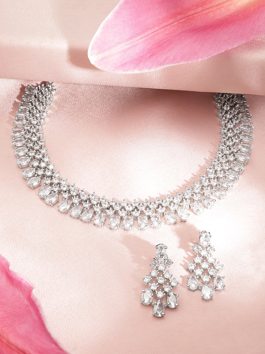 Wentra Rhodium-Plated White Cubic Zirconia Studded Statement Necklace Set