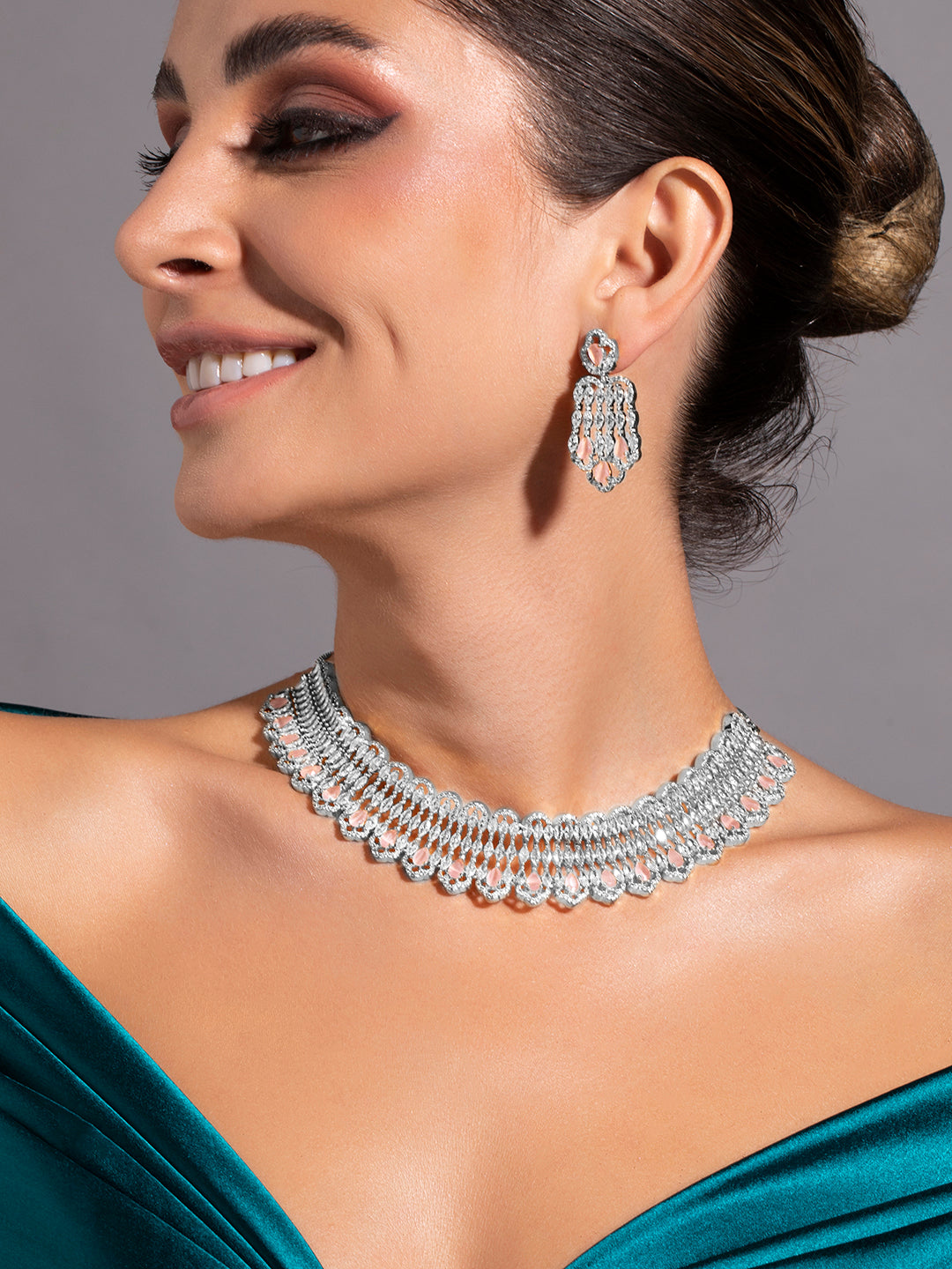 Pink Teardrop American Diamond Zirconia Necklace Set