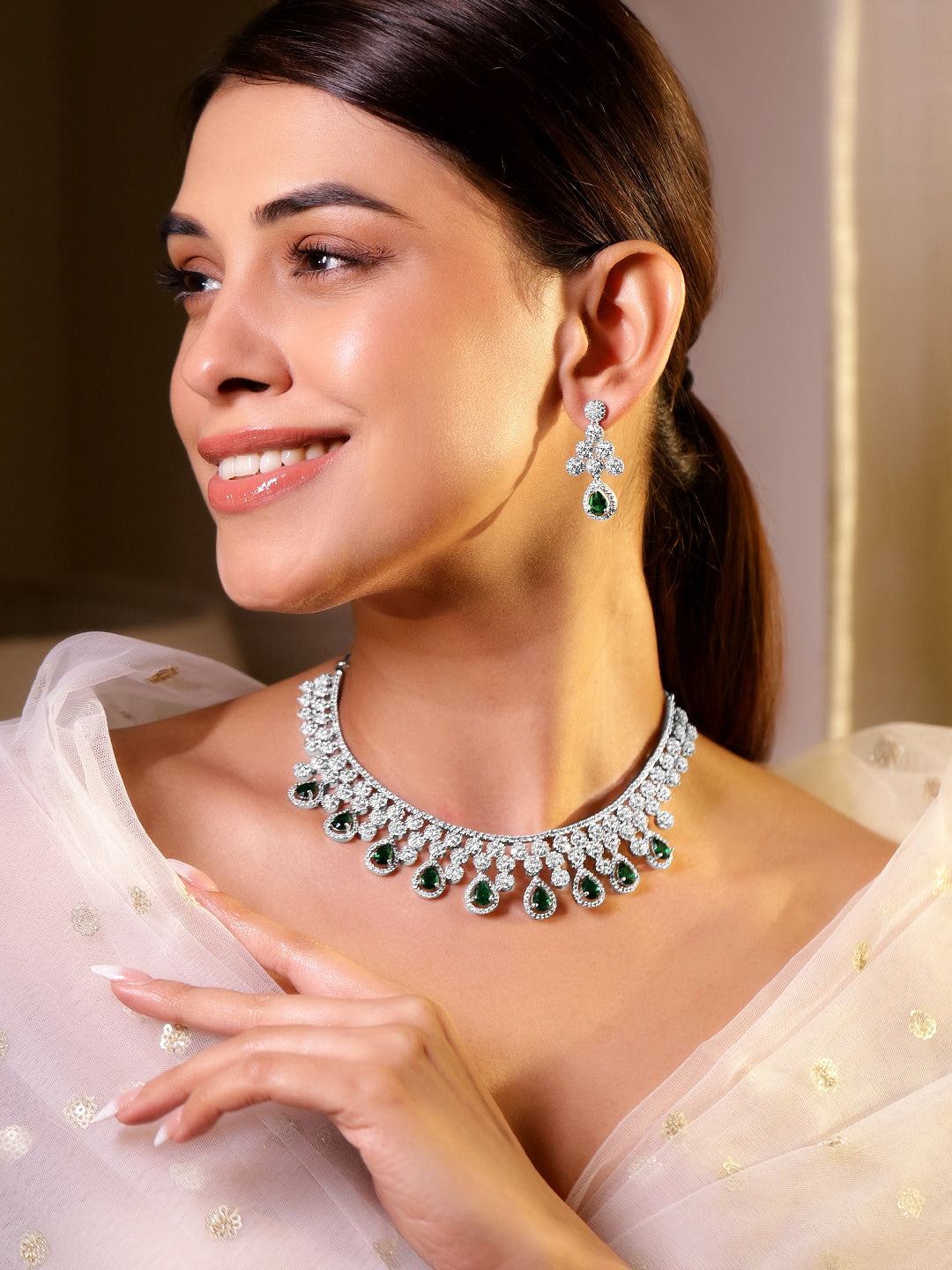 American Diamond Zirconia Green Drop Necklace Set