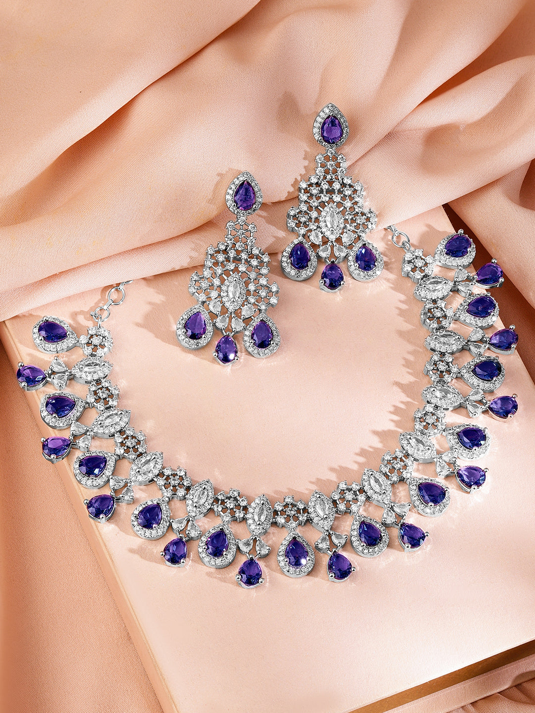 American Diamond Zirconia Blue Necklace Set