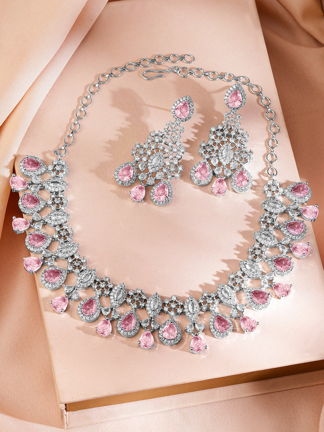 American Diamond Zirconia Pink Studded Necklace Set