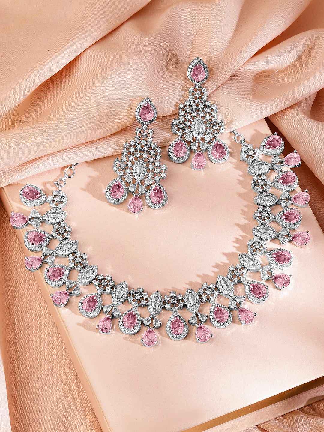 American Diamond Zirconia Pink Studded Necklace Set