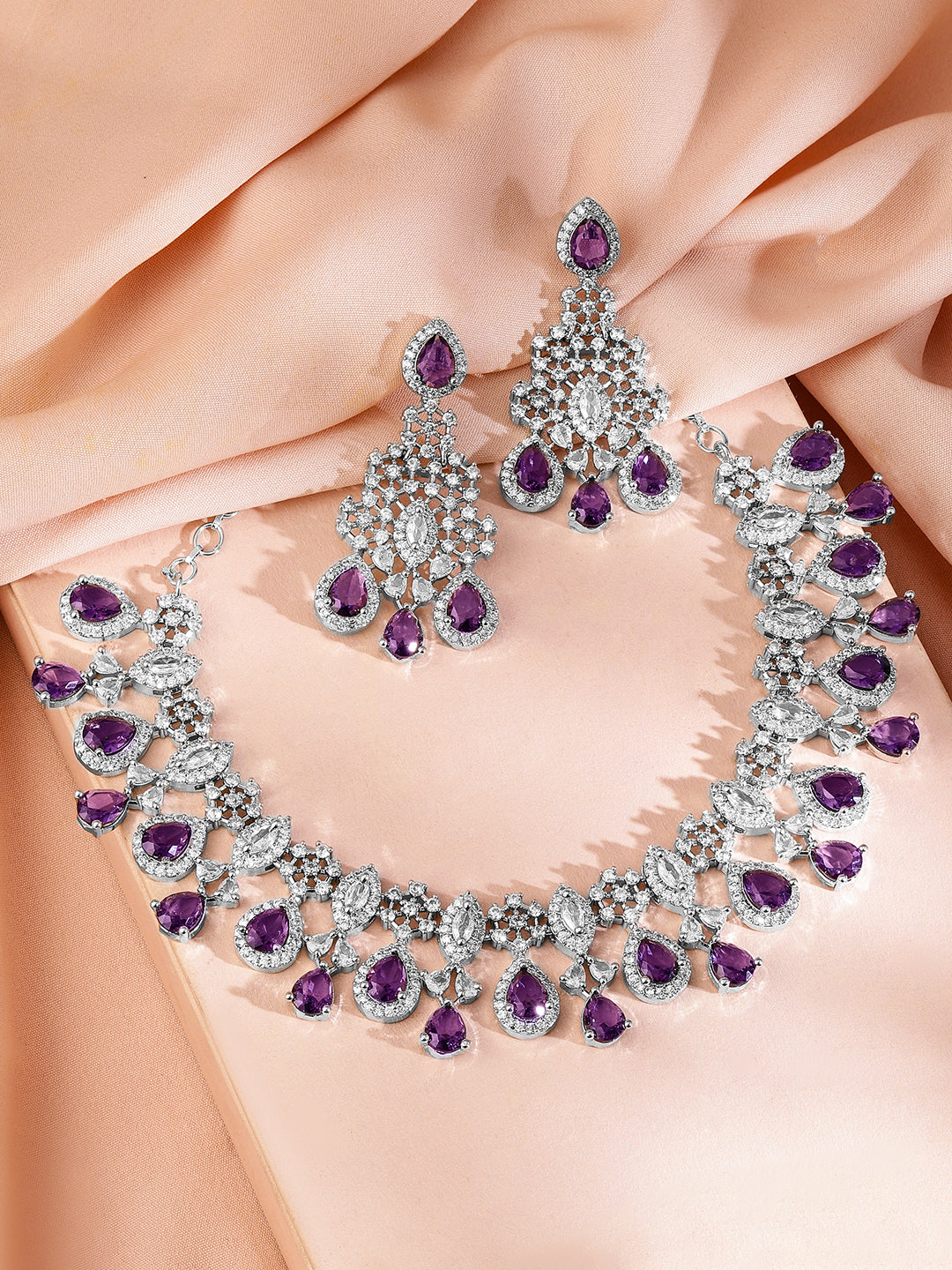 Purple Studded American Diamond Zirconia Necklace Set