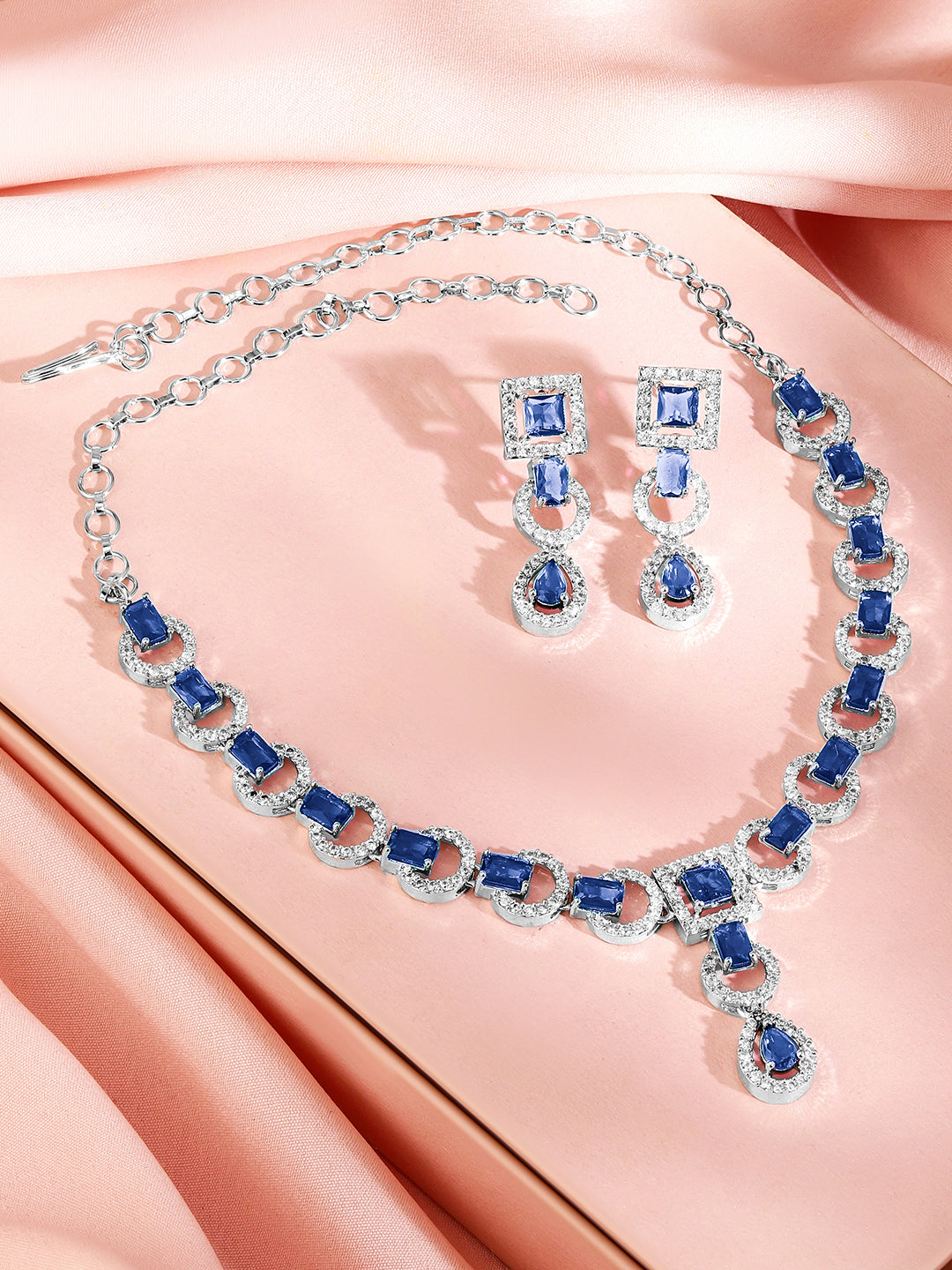 Studded American Diamond Zirconia Blue Necklace Set