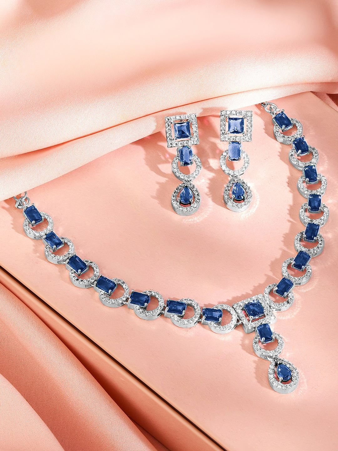 Studded American Diamond Zirconia Blue Necklace Set