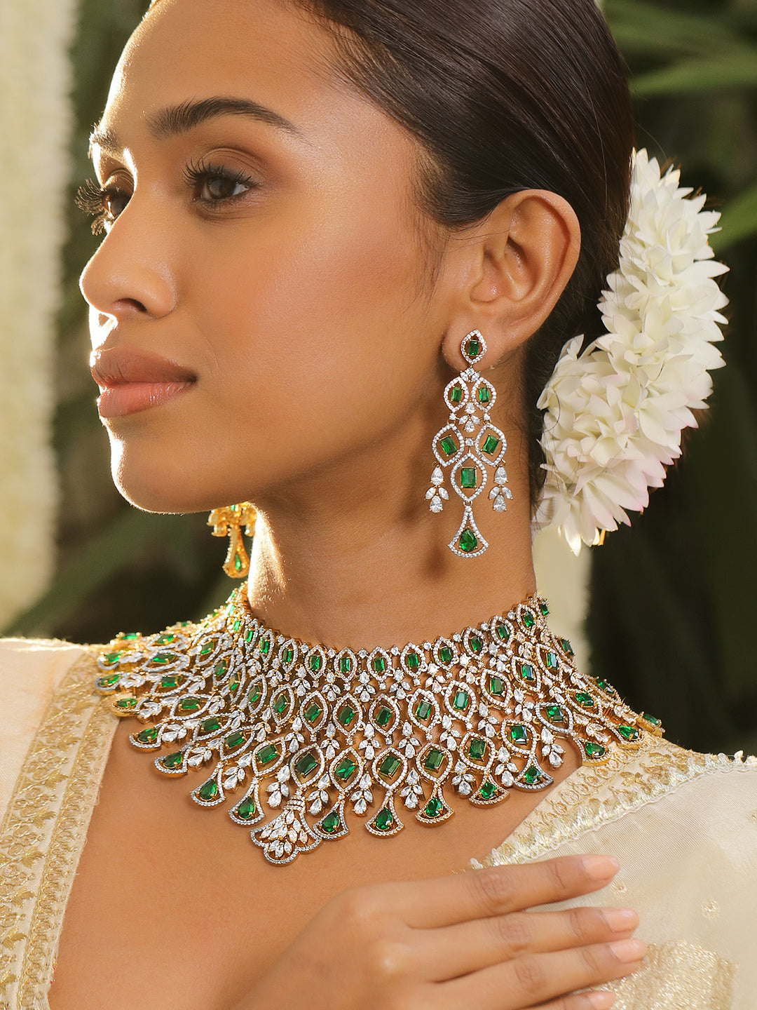 American Diamond Zirconia Green Layered Choker Set