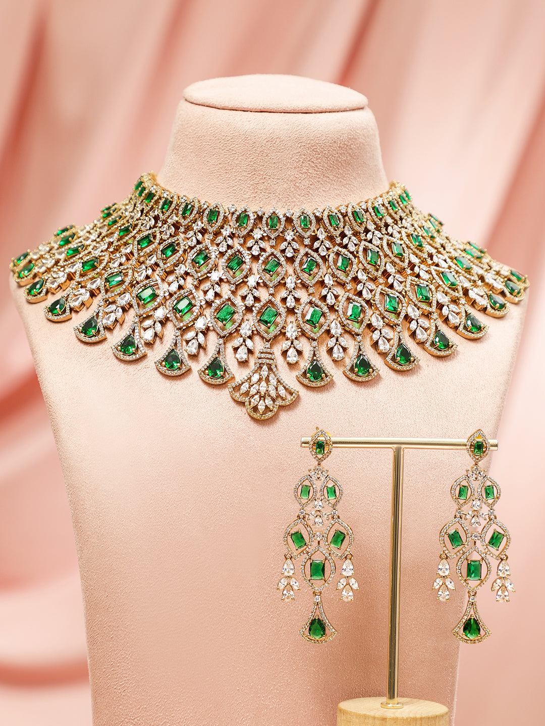 American Diamond Zirconia Green Layered Choker Set