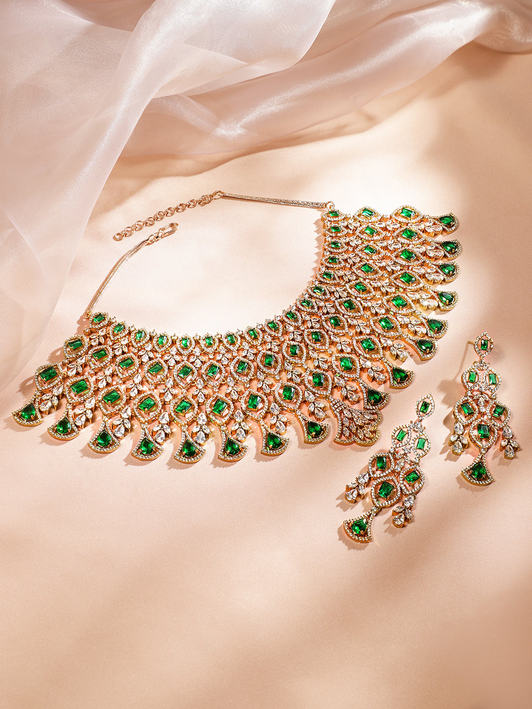 American Diamond Zirconia Green Layered Choker Set