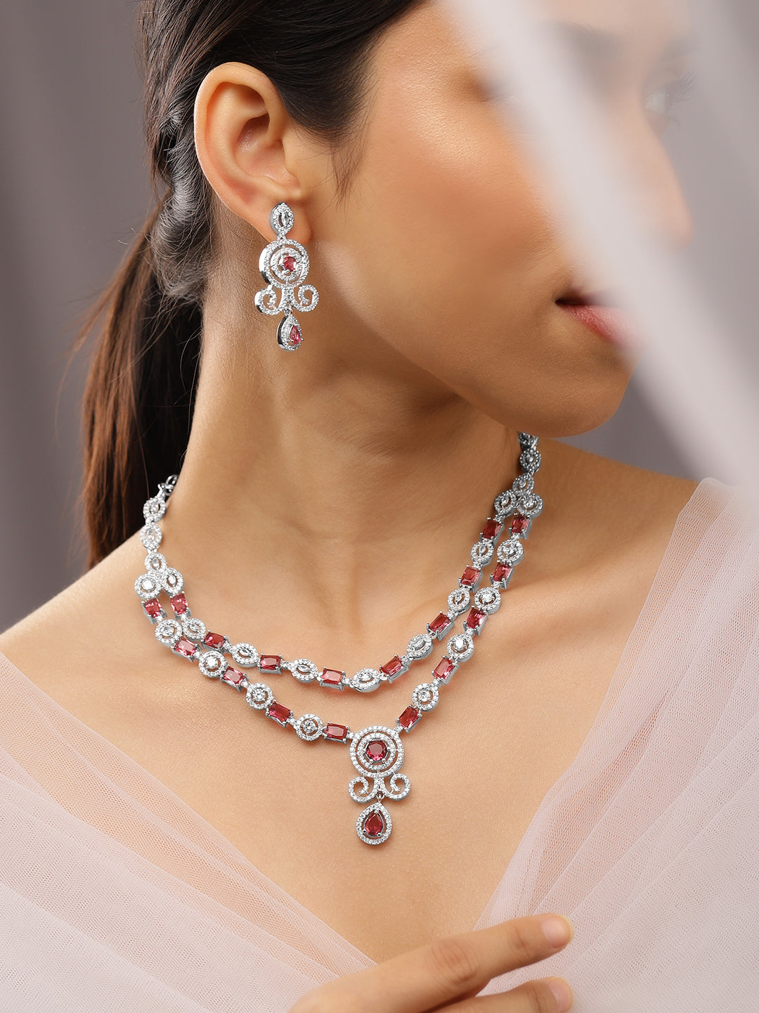 Red American Diamond Zirconia Layered Necklace Set