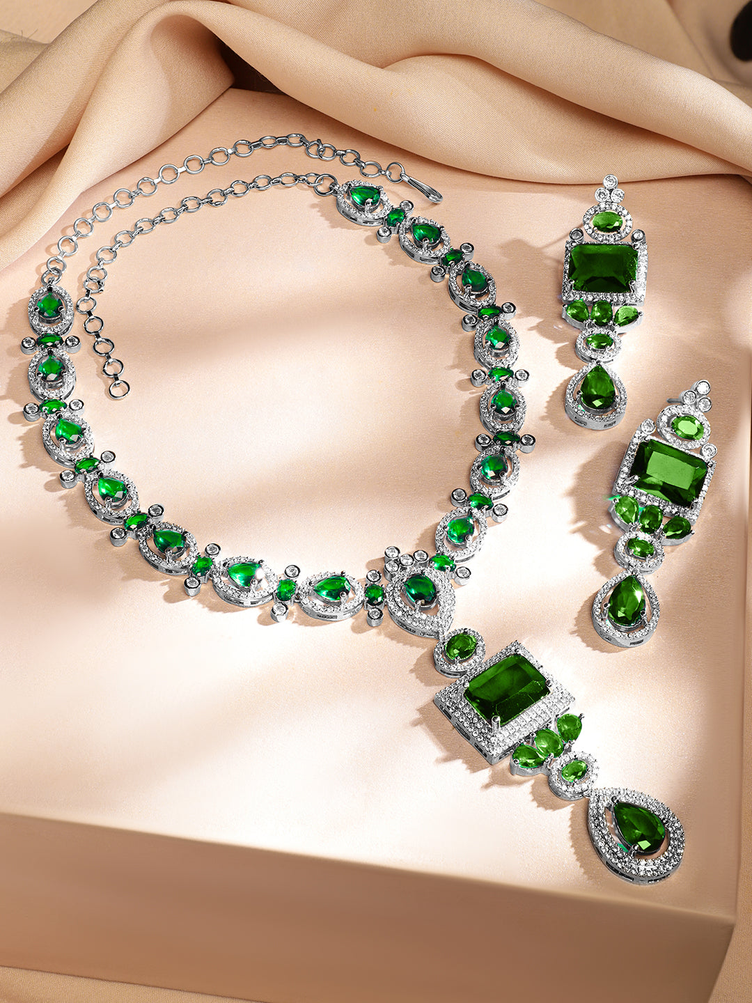 American Diamond Zirconia Studded Emerald Necklace Set