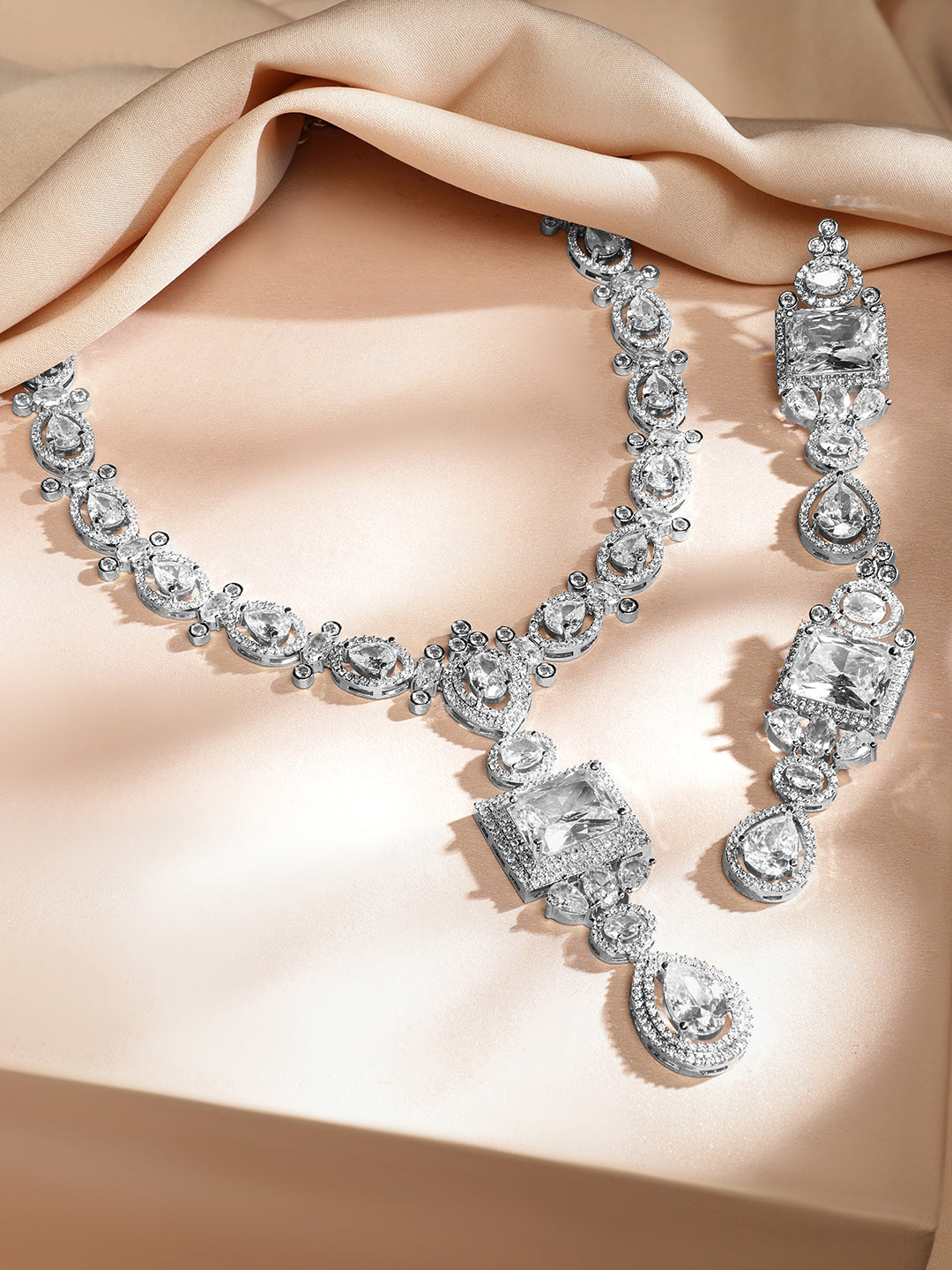 American Diamond Zirconia Geometric Teardrop Necklace Set