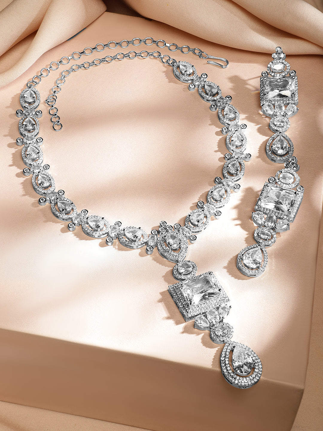 American Diamond Zirconia Geometric Teardrop Necklace Set