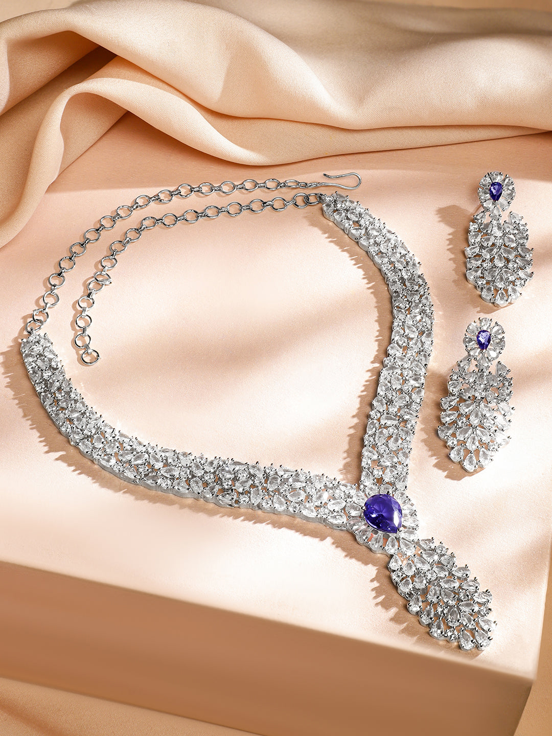 American Diamond Zirconia Blue Accented Necklace Set