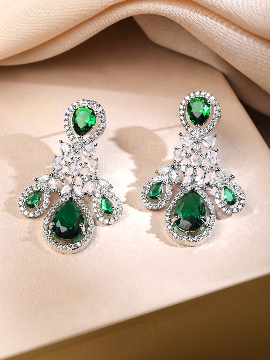 American Diamond Zirconia Green Chandelier Necklace Set