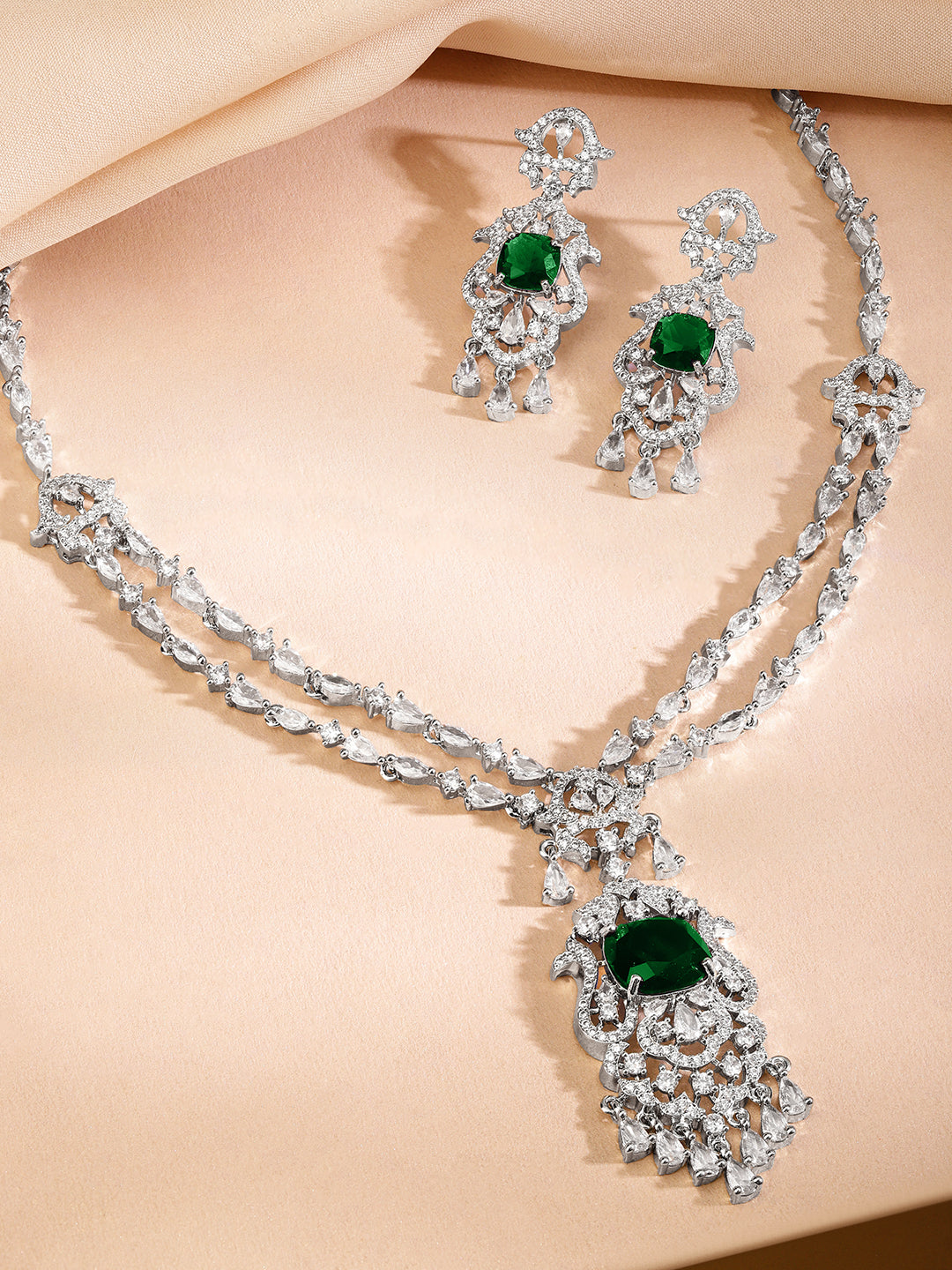 White American Diamond Zirconia Emerald Necklace Set