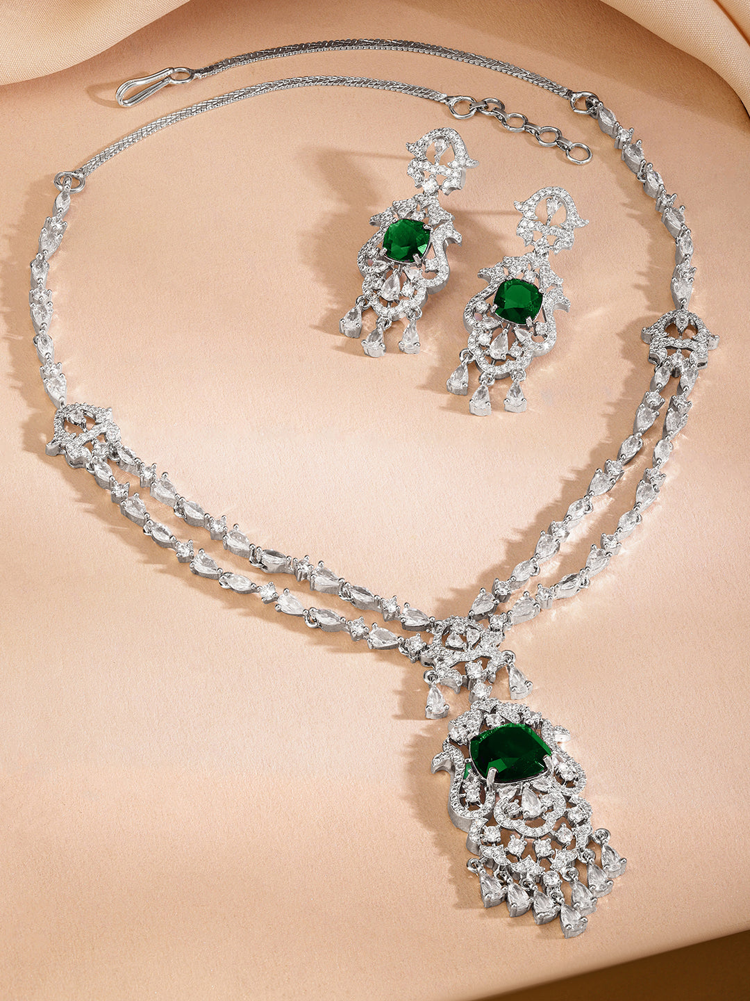 White American Diamond Zirconia Emerald Necklace Set
