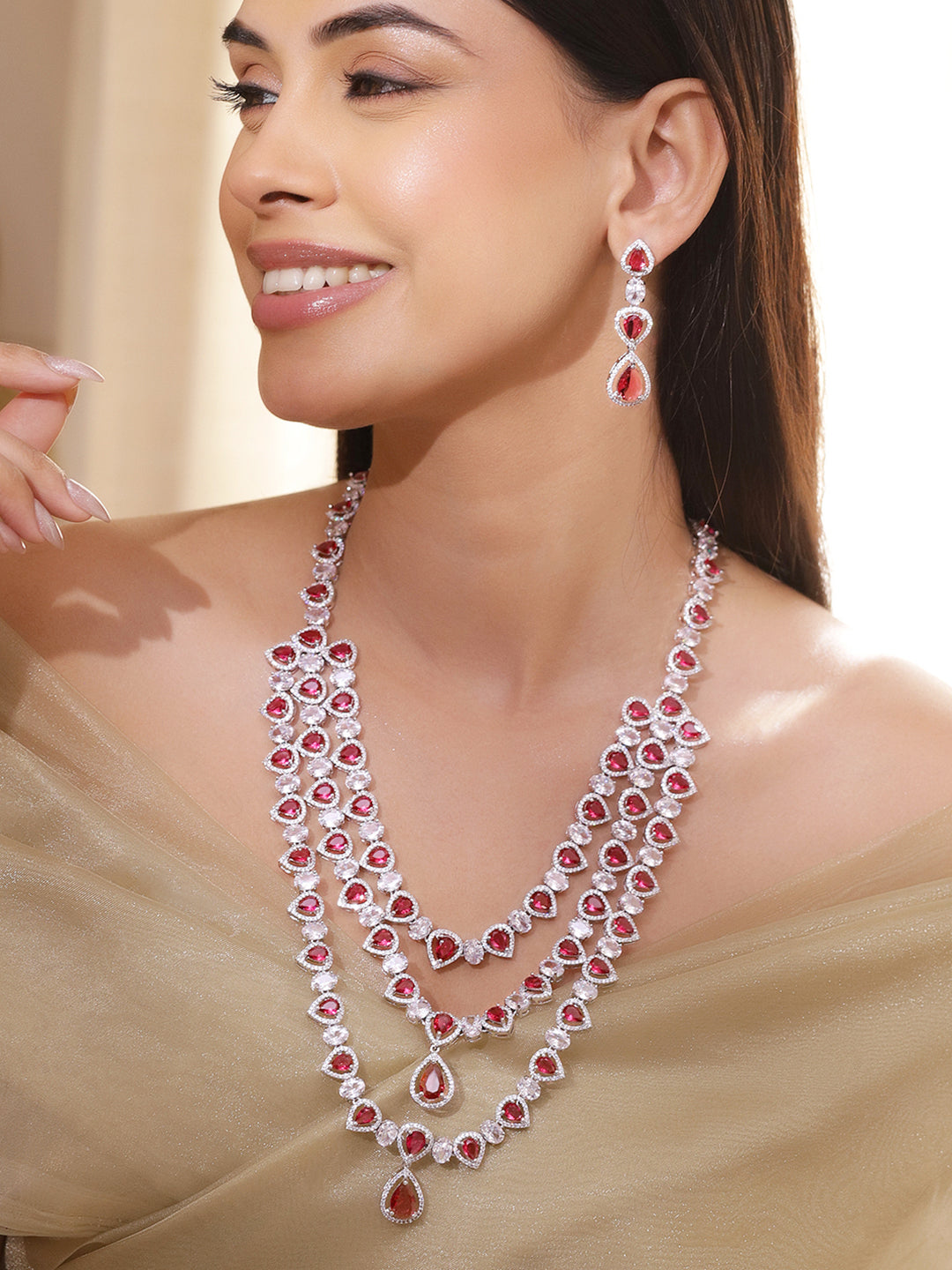 American Diamond Zirconia Layered Red Necklace Set