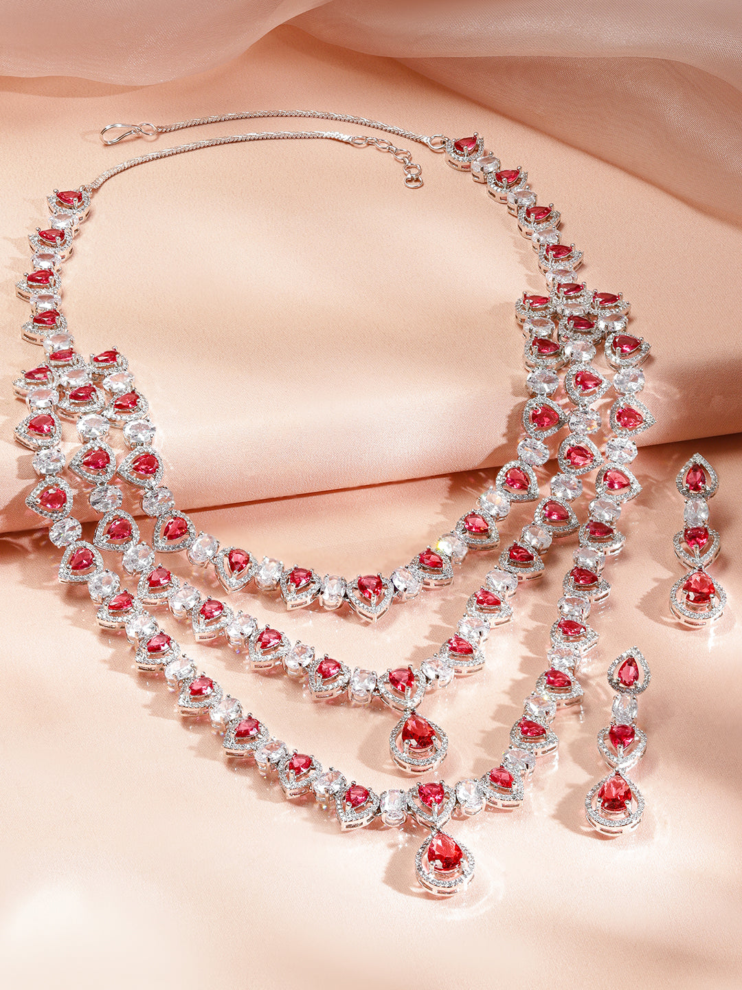 American Diamond Zirconia Layered Red Necklace Set