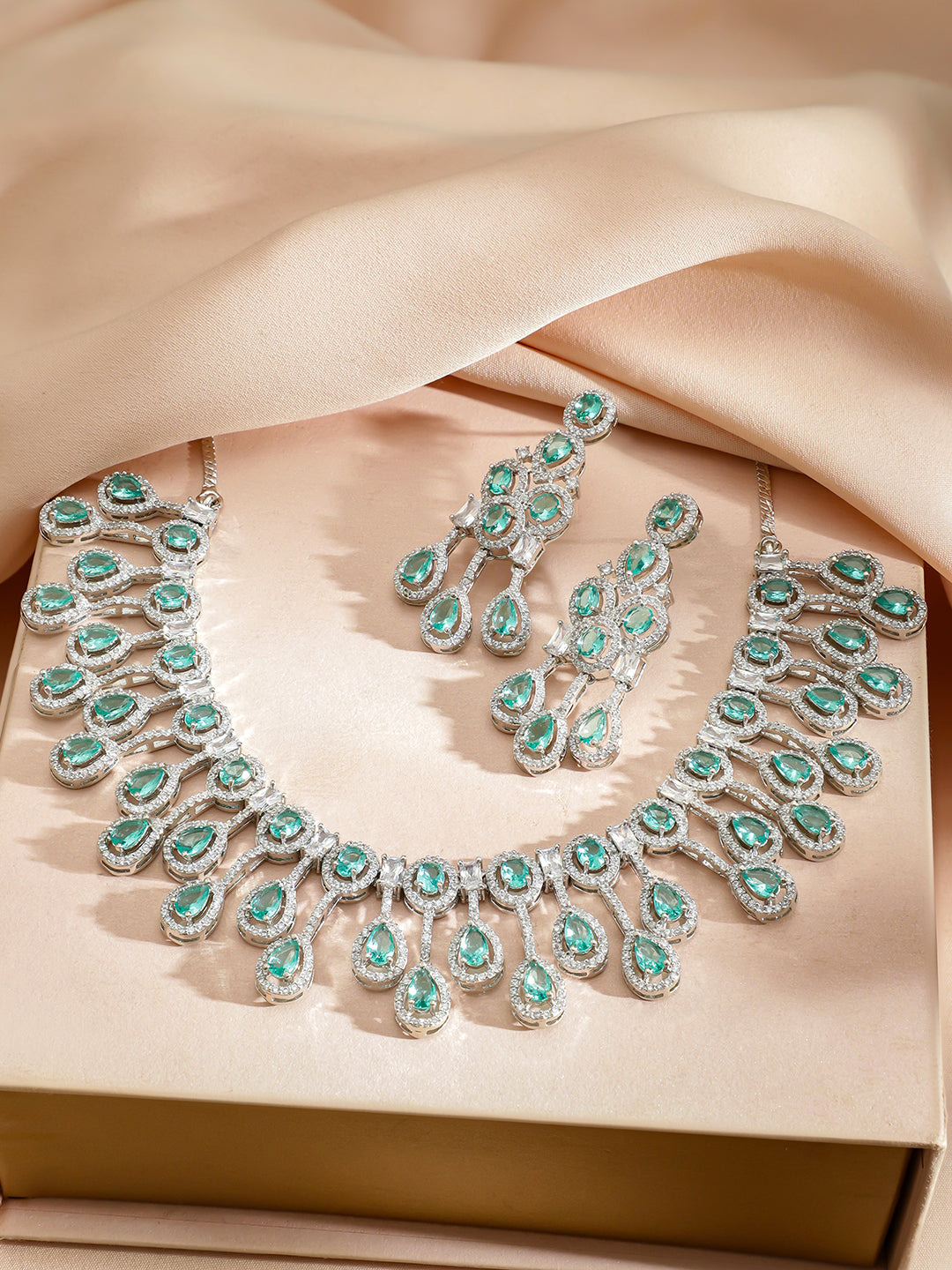 Green Studded American Diamond Zirconia Necklace Set