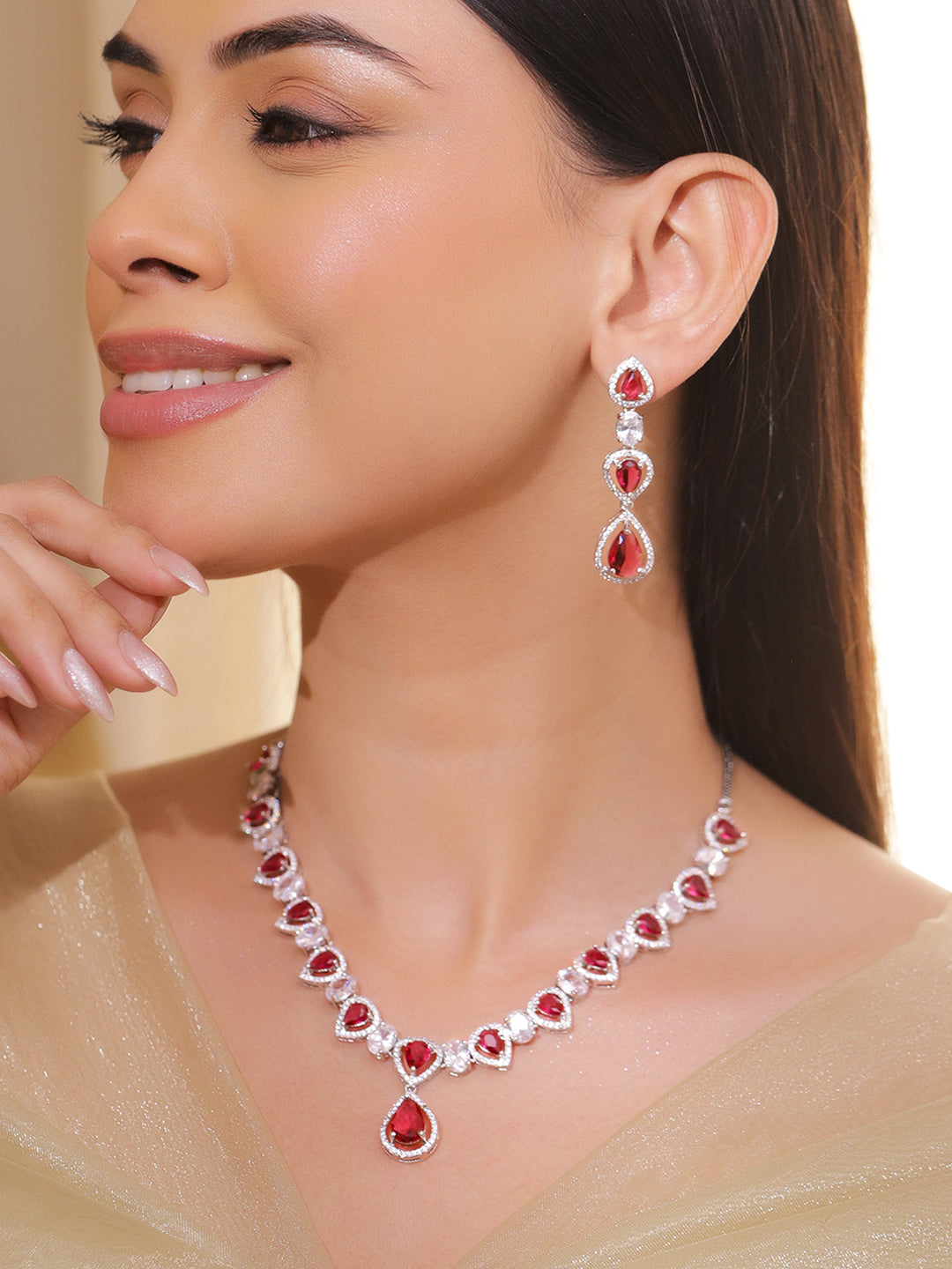 Ruby Drops American Diamond Zirconia Necklace Set