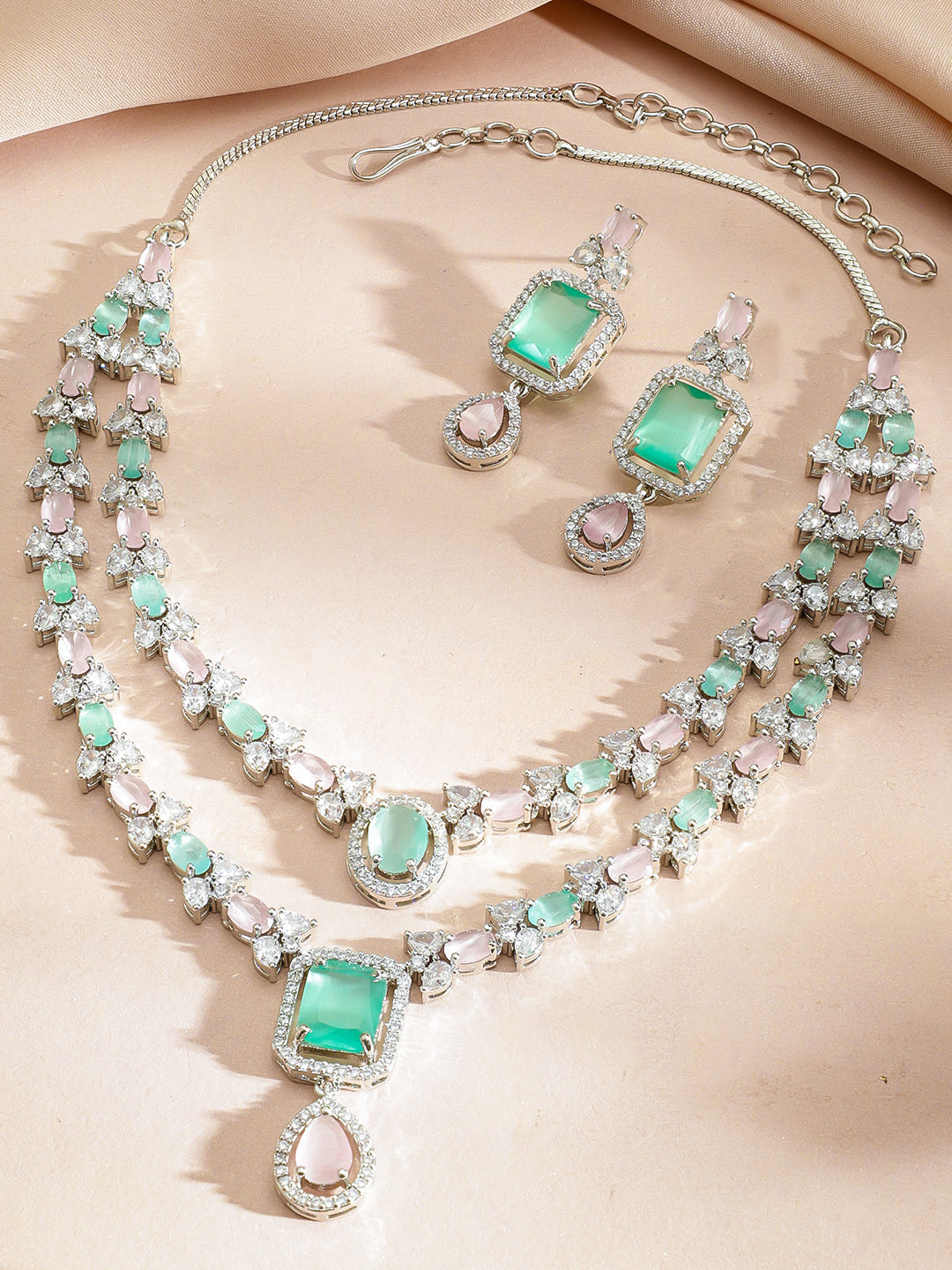 American Diamond Zirconia Pink & Green Necklaced Set