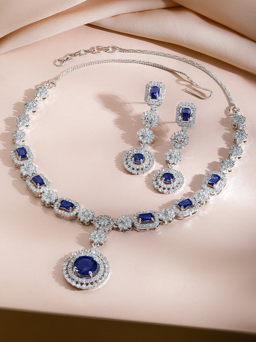 American Diamond Zirconia Floral Blue Necklace Set