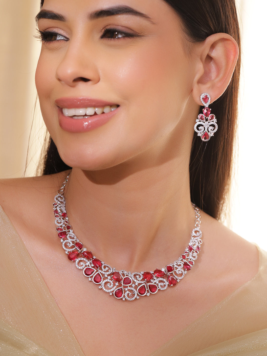 Red American Diamond Zirconia Swirl Necklace Set